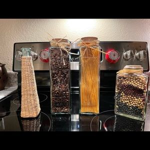 Coffee Pasta Beans thick glass canisters olive oil vintage farmhouse rustic rare